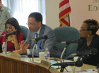 State Board member James DeGraffenreidt (center), along with member Donna Hill Staton (left) and Board President Charlene Dukes, discuss the Next Generation Science Standards. 