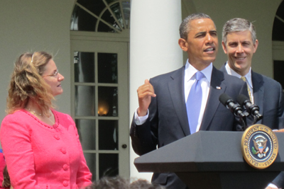 President Barack Obama (center) and Education Secretary Arne Duncan (right) honored Maryland’s Michelle Shearer as National Teacher of the Year in a Rose Garden ceremony at the White House on May 3.  Ms. Shearer is an AP chemistry teacher at Urbana High School in Frederick County.